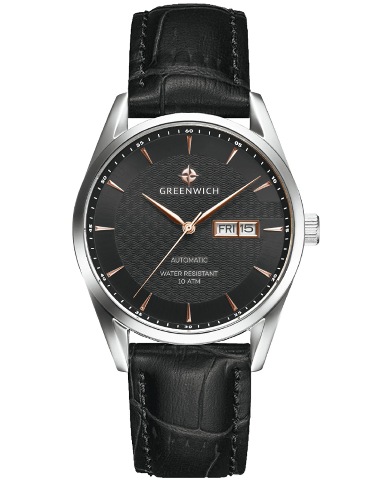 Greenwich Greenwich Good Luck Classic GW 074.11.35  GW 074.11.35 механические мужские часы черный циферблат, браслет кожаный — вид спереди